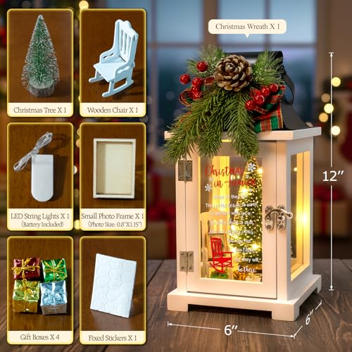 Christmas in Heaven Memorial Lantern with Wreath Small Photo Frame Christmas Ornaments Set Memorial Gift for Loss of Loved One Father Mother in Loving Memory Gifts