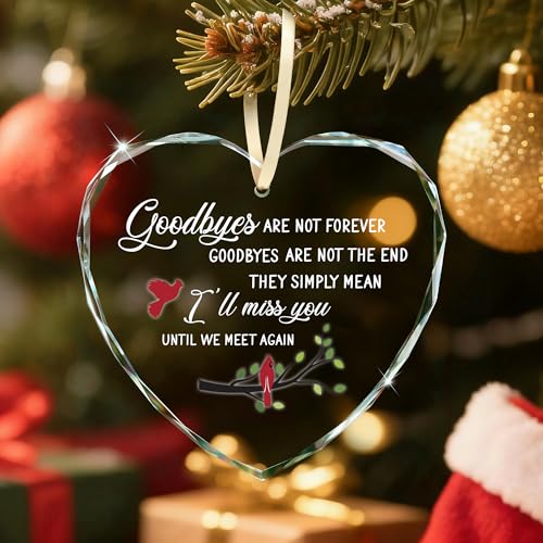 Sympathy Gifts – Heart Glass Ornament for Memorial Gifts, Condolence, Bereavement, In Loving Memory Keepsake with Cardinal Bird Design for Loss of Mother Father Friend or Pet, Goodbyes Are Not Forever - style: Heart-Goodbyes Are