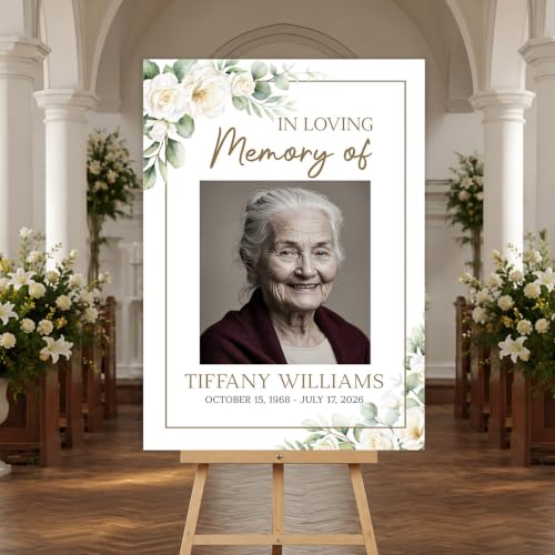 Personalized Funeral Welcome Sign, Celebration Of Life Funeral Sign w White Rose Greenery, Memorial Welcome Sign, In Loving Memory Of Sign, Memorial Signs with Photo, Celebration Of Life Decoration - color: Style #5