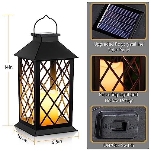 2 Pack Solar Hollow Lanterns Outdoor, Waterproof Patio Hanging Lanterns with LED Flickering Flameless Candle Lights, Decorative Solar Lantern for Porch, Garden, Patio, Yard, Table
