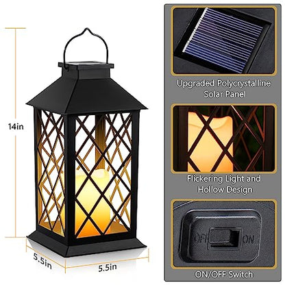 2 Pack Solar Hollow Lanterns Outdoor, Waterproof Patio Hanging Lanterns with LED Flickering Flameless Candle Lights, Decorative Solar Lantern for Porch, Garden, Patio, Yard, Table