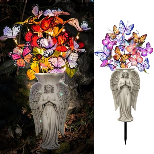 Solar Angel Grave Decorations - Metal Silhouette Memorial Stake with Butterfly Lights, Flat Garden Decor for Cemetery, Sympathy Gift(Angel with Flowers) - style: Angel with Flowers