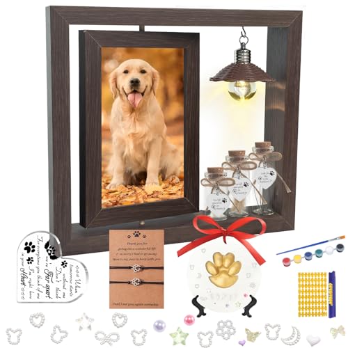 Pet Memorial Gifts for Dogs, Rotating Wooden Picture Frame for 4x6 Photo with Paw Print Kit Fur Jar Photo Album Bracelet Loss of Dog Sympathy Gift