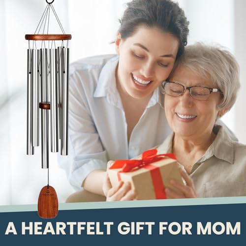 Woodstock Chimes of Comfort 24" Memorial Wind Chimes for Outdoor & Garden, Tuned to Amazing Grace, Sympathy Gift Silver Aluminum Tubes, Teak Wood Finish (WCOC)