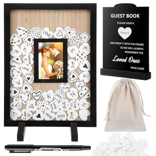 Wedding Guest Book Alternatives, Rustic Wedding Guest Book Sign Reception Drop Box with 100 Wooden Picture Frame Hearts for Wedding Anniversary Birthday Party (Black)