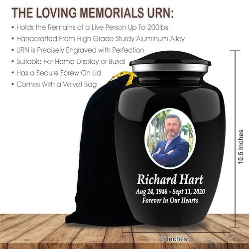 Personalized Photo & Engraved Cremation Urn for Human Ashes | Large Adult Memorial Urn | Black Finish | Up to 200 lbs