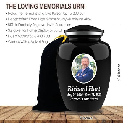 Personalized Photo & Engraved Cremation Urn for Human Ashes | Large Adult Memorial Urn | Black Finish | Up to 200 lbs