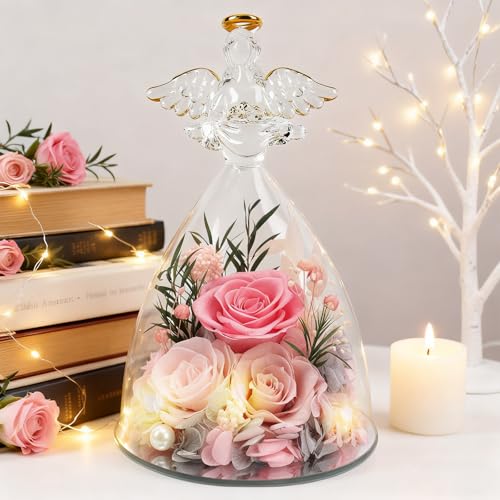 Casaido Mothers Day Rose Gifts for Women, 7" Pink Preserved Roses Flowers in Glass Angel Figurine, Birthday Gift for Mom Wife Grandma, Eternal Rose for Valentines Christmas Anniversary - color: Pink