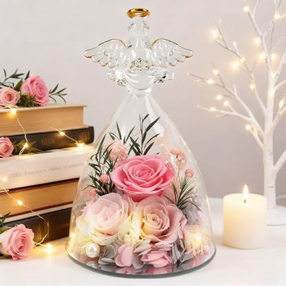 Casaido Mothers Day Rose Gifts for Women, 7" Pink Preserved Roses Flowers in Glass Angel Figurine, Birthday Gift for Mom Wife Grandma, Eternal Rose for Valentines Christmas Anniversary - color: Pink
