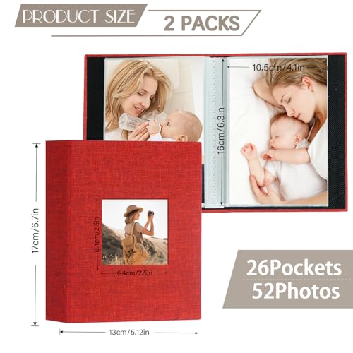 Artmag Mini Photo Album 4x6 50 Pockets 2 Pack, Linen Cover with Front Window Album Each Holds 52 Vertical Photos for Family Wedding Baby Children (Red) - color: Red, size: 50 Pockets/2PKS