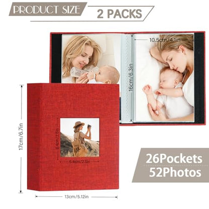 Artmag Mini Photo Album 4x6 50 Pockets 2 Pack, Linen Cover with Front Window Album Each Holds 52 Vertical Photos for Family Wedding Baby Children (Red) - color: Red, size: 50 Pockets/2PKS