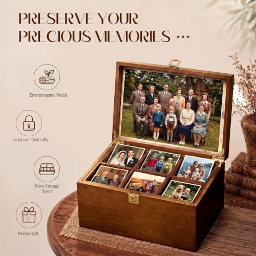 Junkin Large Wooden Keepsake Box with Lock & Photo Frame Lid Customizable Dividers Elegant Wedding Treasure Box for Photos, Letters, Time Capsules, Bride Gift, Decorative Storage
