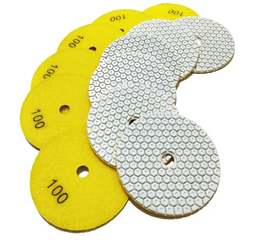 4 Inch New Model Dry Diamond Polishing Pads Grit 100, 1 Box of 6 Piece Dry/Wet Marble Buffing Pad for Granite Quartz Concrete Stones(Need Water for Hard Tile) - color: Yellow,100
