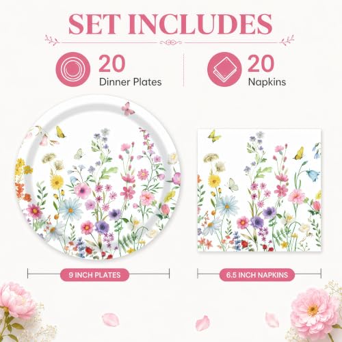 40 Pcs Wildflower Plates and Napkins Set, Large 9 Inch Floral Plates - color: Wildflower