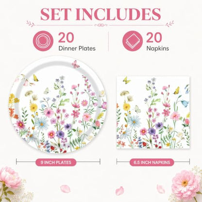 40 Pcs Wildflower Plates and Napkins Set, Large 9 Inch Floral Plates - color: Wildflower