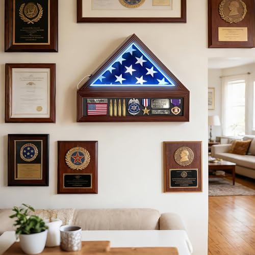 Flag Display Case, Fits Folded 3x5' American Flags (Not for Burial Flag), Military Flag and Certificate Shadow Box with LED Lights, Flag Cases for Wall Mounted or Tabletop