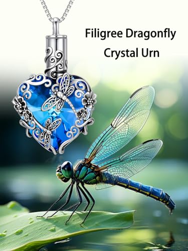 JKR Heart Urn Necklace for Ashes Crystal Keepsake Pendant Memorial Jewelry - style: Dragonfly-Blue Heart
