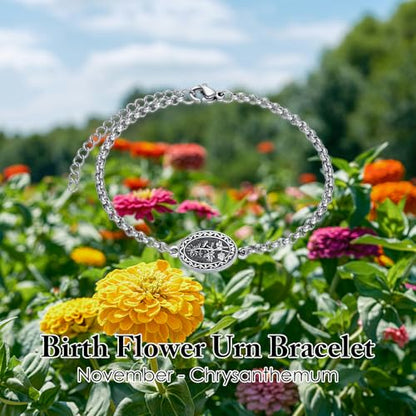 Birth Flower Urn Bracelet for Ashes for Women 925 Sterling Silver Cremation Bracelet Memorial Keepsake Jewelry for Human Ashes - style: 11-November-Chrysanthemum-Custom