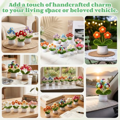 9 Pack Crochet Flower Bouquet Pot Bulk Thank You Gifts Handmade Knitted Puff Flower Mini Floral Plant for Women Coworker Summer Wedding Home Table Car Decor - style: Puff Flowers