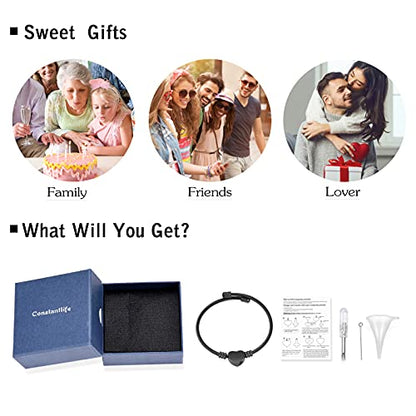 constantlife Cremation Bracelet for Ashes Memorial Jewelry Stainless Steel Heart Shape Urn Pendant Bangle Loved Ones Funeral Ashes Holder Keepsake Gift - color: A-Black