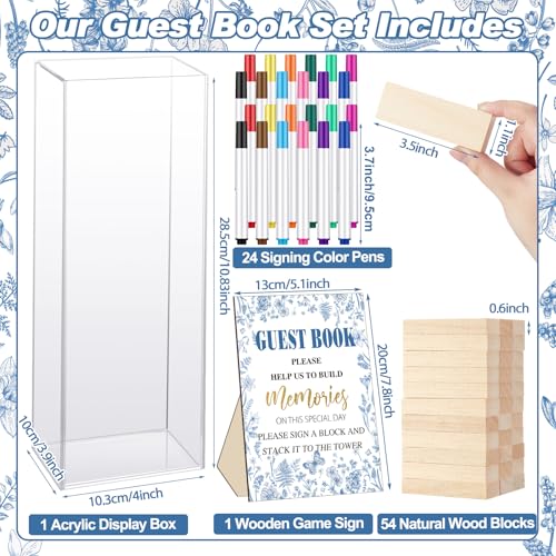 Beeveer 80 Pcs Wedding Guest Book Alternative Wooden Block Guest Book for Wedding Sign in Bridal Shower Decoration 54 Pcs Wooden Block Bridal Shower Game for Sign in, Reception(Chinoiserie) - style: Chinoiserie