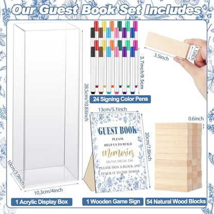 Beeveer 80 Pcs Wedding Guest Book Alternative Wooden Block Guest Book for Wedding Sign in Bridal Shower Decoration 54 Pcs Wooden Block Bridal Shower Game for Sign in, Reception(Chinoiserie) - style: Chinoiserie