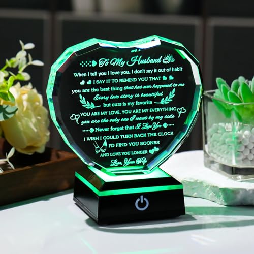 Arikyrist Gifts for Husband from Wife with Colorful LED Base Anniversary Romantic Gifts for Husband Birthday Crystal Keepsake to My Husband I Love You Gifts on Valentine Fathers Day Christmas - style: Husband Gifts + Light Base