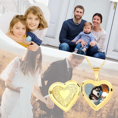 Personalized Heart Locket Necklace for Women with Picture Custom Inside Engraved Text Silver/Gold/Rose Gold Photo Locket Stainless Steel Memorial Gifts for Mom Daughter Grandmother - color: A2: Gold Flower Pattern (Custom)