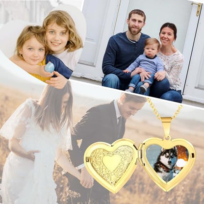 Personalized Heart Locket Necklace for Women with Picture Custom Inside Engraved Text Silver/Gold/Rose Gold Photo Locket Stainless Steel Memorial Gifts for Mom Daughter Grandmother - color: A2: Gold Flower Pattern (Custom)
