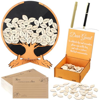 Engrowtic 164 Pcs Celebration of Life Guest Book for Memorial Service Share a Memory Cards Wooden Box Funeral Memory Pen Leaves for Funeral Guest Book Table Decor Sign(Tree of Life) - style: Tree of Life