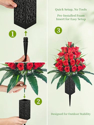 Mirevielyn 24-Stem Artificial Rose Cemetery Flowers with Spiked Vases - color: Red
