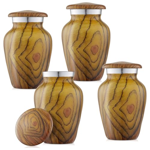 Reminded Small Cremation Keepsake Urns for Human Ashes, Set of 4 Teak Wood Grain Miniature Urns with Velvet Case and Bags