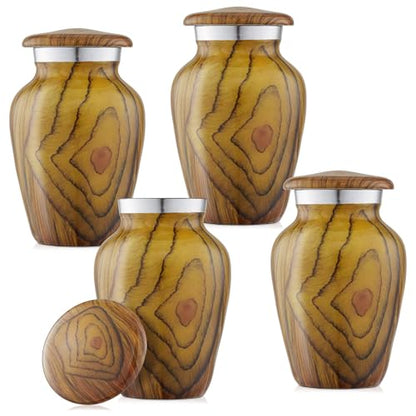 Reminded Small Cremation Keepsake Urns for Human Ashes, Set of 4 Teak Wood Grain Miniature Urns with Velvet Case and Bags