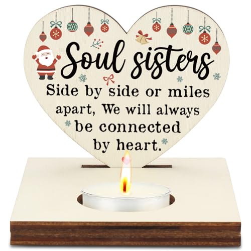 Soul Sisters Christmas Candle Holder, Thank You Friend Bestie Gifts, Long Distance Friendship Keepsake for Sister Best Friend, Connected by Heart Christmas Keepsake Candlestick Holders-LATZ09 - color: Wood Soul Sisters