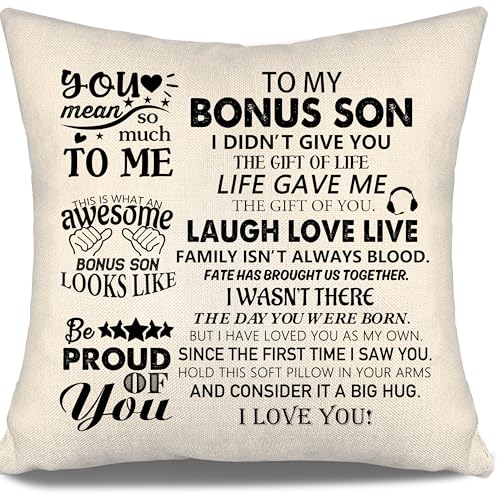to My Bonus Son Gift Ideas Throw Pillow Covers for Bonus Son from Bonus Mom Bonus Dad Birthday Graduation Thanksgiving - color: Bonus Son