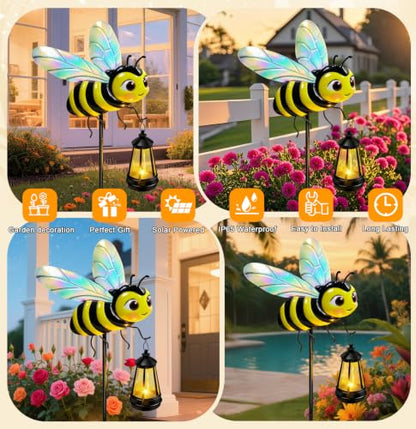 Solar Garden Light Outdoor, Waterproof Metal Bee Stake with Lantern 2 Pack | Solar Bee Lantern with Warm Glow, Waterproof Metal Yard Art for Garden, Patio and Lawn, Gift for Women and Mom - color: Bee 2 pack