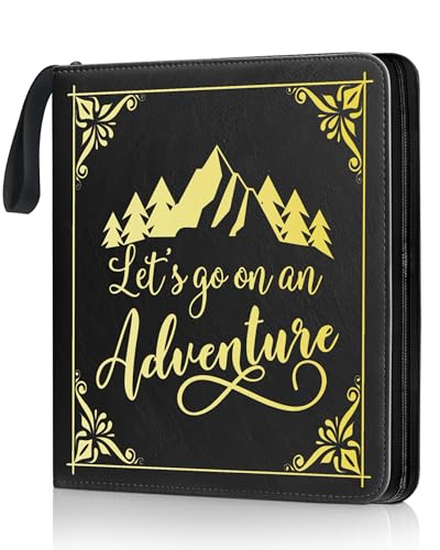 Adventure Leather Photo Album 4x6 200 Photos, DIY Scrapbook with 50 Sheets and 20 Blank Kraft Sheets, Travel Souvenir Diary Photo Book for Family Wedding Baby and Holiday Pictures - color: Black-text