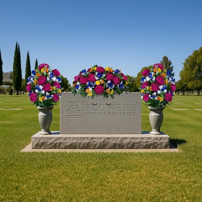 Sympathy Silks - Artificial Flowers for Cemeteries - Fuchsia Mums with Blue Iris - (1) Headstone Saddle (2) Bouquets - size: (1) Saddle (2) Bouquets