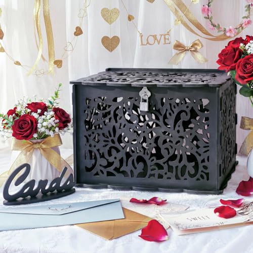 OurWarm Black Wedding Card Box with Lock, Elegant PVC Card Boxes for Wedding Decorations for Reception, Secure & Versatile Gift Boxes, Ideal as Honeymoon Fund Box for Parties and Events - color: Black