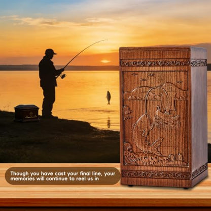 Lotoo Wooden Urn for Ashes Adult Male Female, Hand-Carved Fishing Pattern Cremation Urns for Human Ashes, Decorative Funeral Memorial Urns Box for Men Women, Holds 250 Cubic Inches