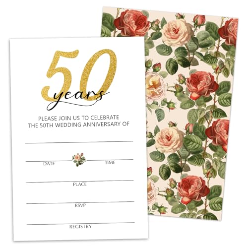 50 Years Anniversary Bridal Shower Invitations Cards, Set of 25 Gold Foil Floral Fill in Style 50th Year Wedding Invites Cards with Envelopes for Couples Marriage Party Supplies-T05 - color: 50 Years-01