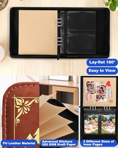 Adventure Leather Photo Album 4x6 200 Photos, DIY Scrapbook with 50 Sheets and 20 Blank Kraft Sheets, Travel Souvenir Diary Photo Book for Family Wedding Baby and Holiday Pictures - color: Brown-text