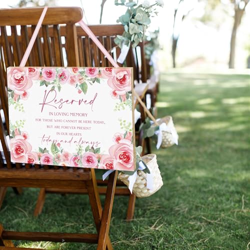 Pink Rose Wedding Memorial Sign with Ribbon Floral Flower Reserved Signs in Loving Memory of Love Ones Parents Celebrating Ceremony Memories Seat Sign from Heaven - style: Rose Seat Sign