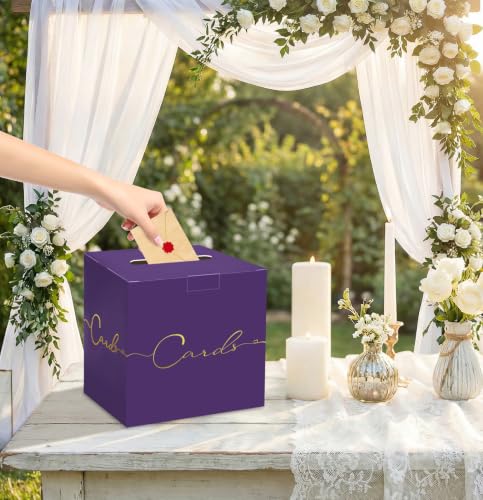 HEIPINIUYE Purple Wedding Card Box with Gold Foil 9.8" x 9.8" Purple Large Gift Card Box for Party Wedding Reception Graduation Birthday Baby Shower Cardboard Raffle Envelope Box with Slot - color: Purple Card Box with Gold Foil