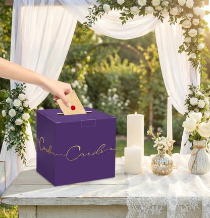 HEIPINIUYE Purple Wedding Card Box with Gold Foil 9.8" x 9.8" Purple Large Gift Card Box for Party Wedding Reception Graduation Birthday Baby Shower Cardboard Raffle Envelope Box with Slot - color: Purple Card Box with Gold Foil