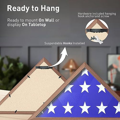 ASmileIndeep Flag Display Case - 5' x 9.5' Funeral & Military Flag Shadow Box with HD Tempered Glass and Wall Mount, Folded Triangle Flag Holder Frame for Veterans, Rustic Brown - size: For 5' x 9.5' Flag-Rustic Brown