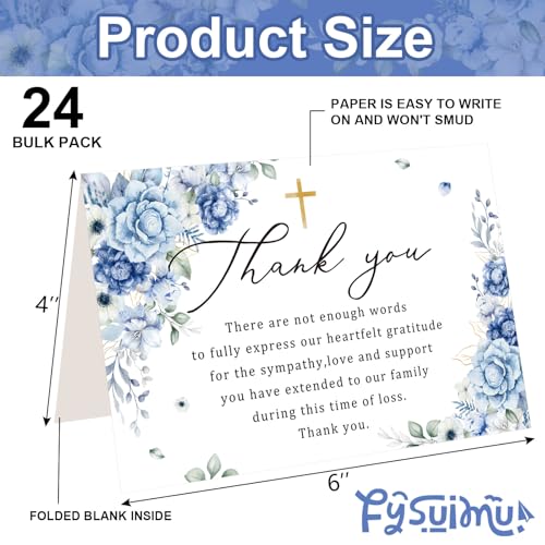 FYSUIMU Floral Funeral Thank You Cards Blue Rose Flower Sympathy Thank You Cards with Sticker Envelope Bereavement Card for Memorial Service Loved Ones Celebration of Life, 24 Pcs