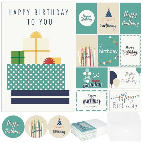 Harloon 200 Pack Happy Birthday Card Assorted Bulk with Blank Envelopes and Stickers 4 x 6 Inches Greeting Blank Happy Birthday Cards for Men Women Adults Kids, 20 Styles(Elegant Style) - style: Elegant Style