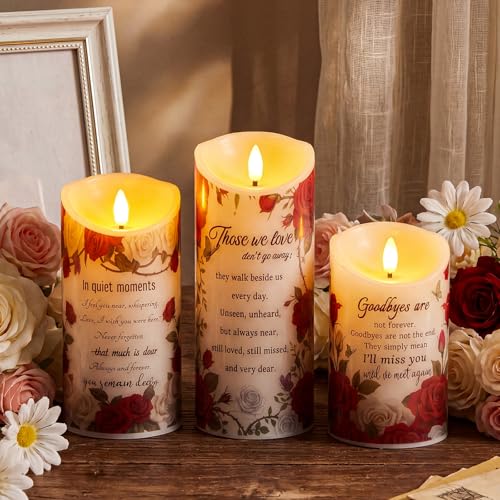 3 Pcs Flameless Memorial Candles Sympathy Gifts for Loss of Loved One, Real Wax LED Candle Bereavement Candles for Loss of Mother, Father, Remembrance and Sympathy Gift (Rose Style)