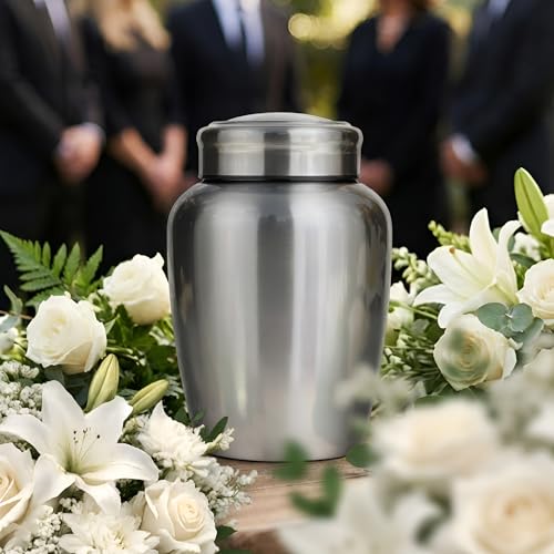Stainless Steel Silver Urn for Ashes Adult Male & Female, Cremation urns for Human Ashes Man & Women, Set of 3 Includes 1 Large Urn & 1 Silver & Black Cross Necklace - color: Stainless Steel Urn - Single Urn